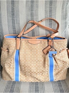 Coach Beige Signature Canvas Tote with Blue Stripe and Original Hang Tags